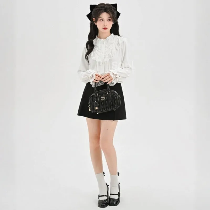 Sweet French White Lace Long-Sleeved Blouse