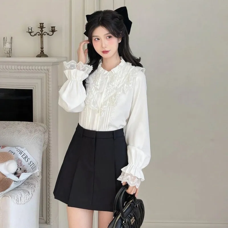 Sweet French White Lace Long-Sleeved Blouse