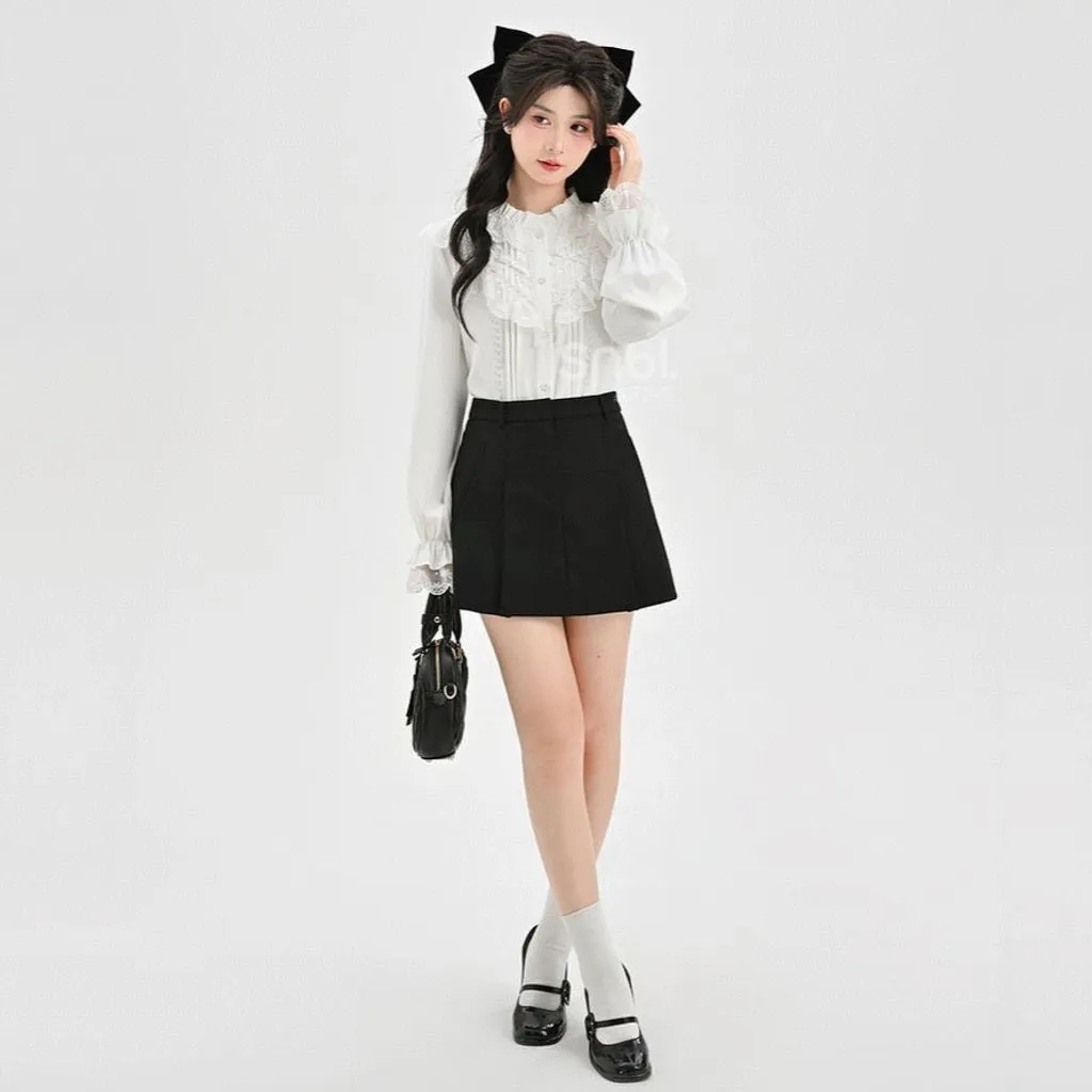 Sweet French White Lace Long-Sleeved Blouse