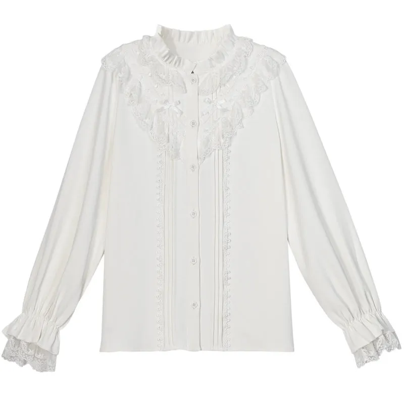Sweet French White Lace Long-Sleeved Blouse