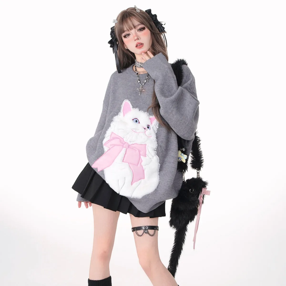 Sweet Girl Style Pink Cartoon Cat Embroidered Sweatshirt