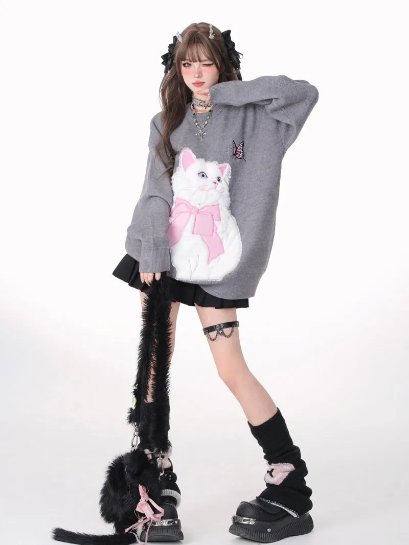 Sweet Girl Style Pink Cartoon Cat Embroidered Sweatshirt