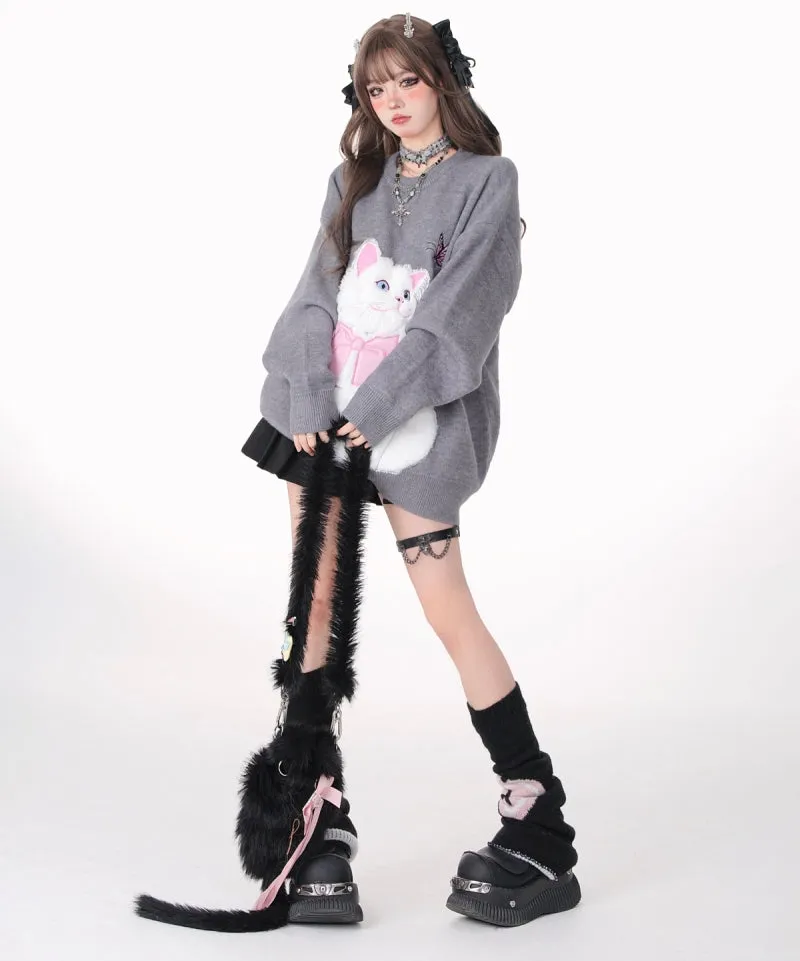 Sweet Girl Style Pink Cartoon Cat Embroidered Sweatshirt