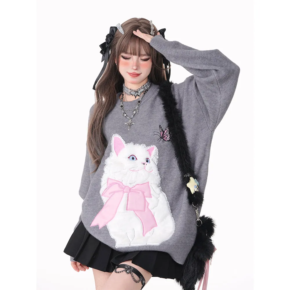Sweet Girl Style Pink Cartoon Cat Embroidered Sweatshirt