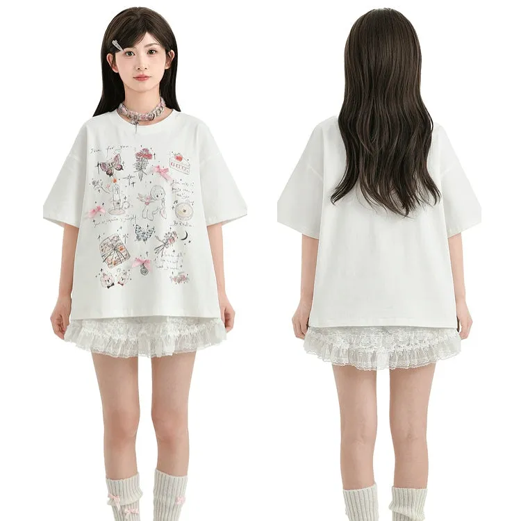 Sweet Girly Style White Comic Print Short-Sleeved T-shirt