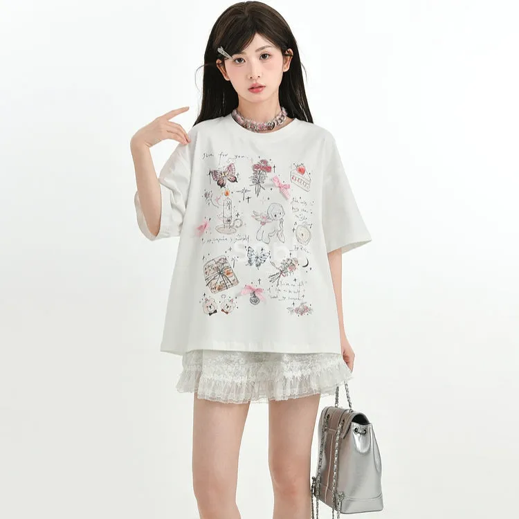 Sweet Girly Style White Comic Print Short-Sleeved T-shirt
