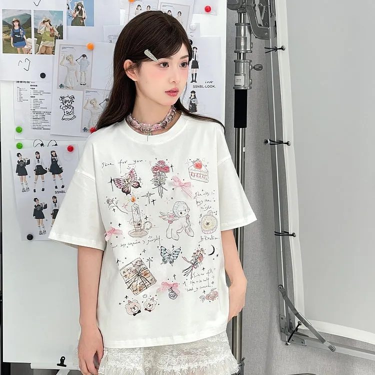 Sweet Girly Style White Comic Print Short-Sleeved T-shirt