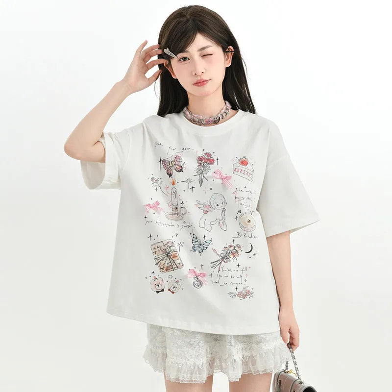 Sweet Girly Style White Comic Print Short-Sleeved T-shirt