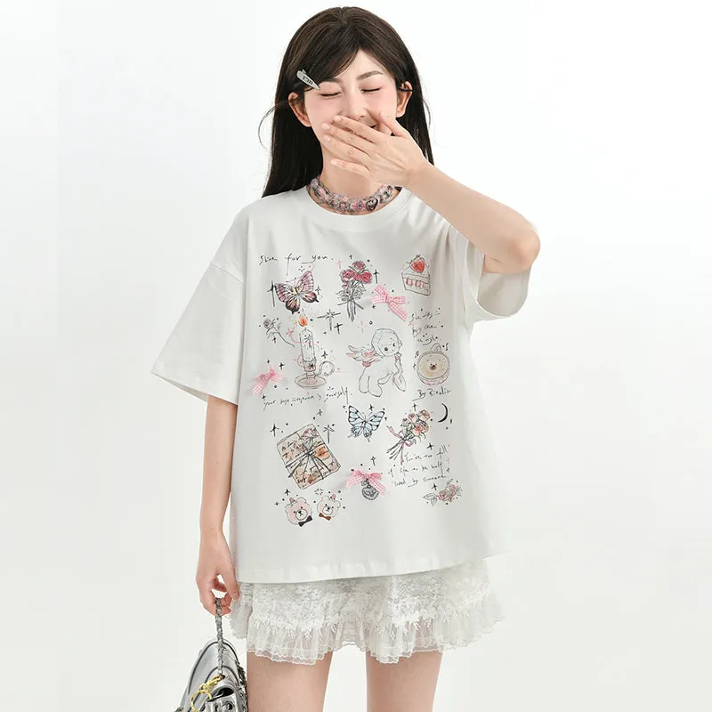 Sweet Girly Style White Comic Print Short-Sleeved T-shirt