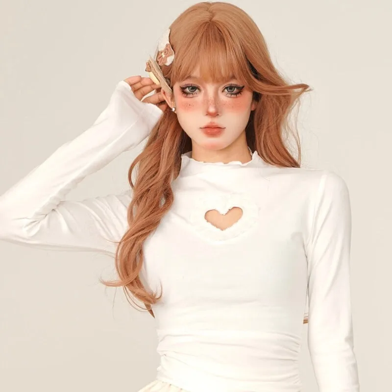 Sweet Style All-match Lace Hollow Heart Long-Sleeved Top