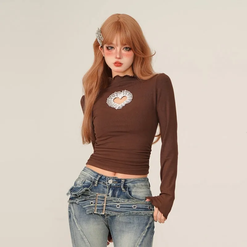 Sweet Style All-match Lace Hollow Heart Long-Sleeved Top
