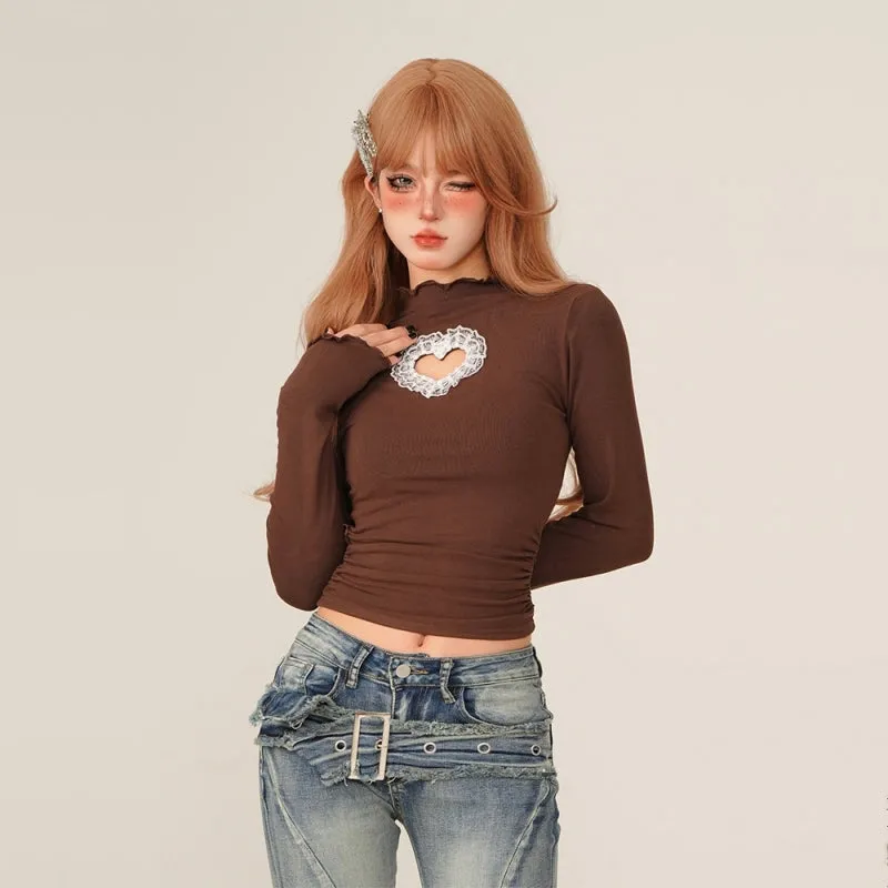 Sweet Style All-match Lace Hollow Heart Long-Sleeved Top
