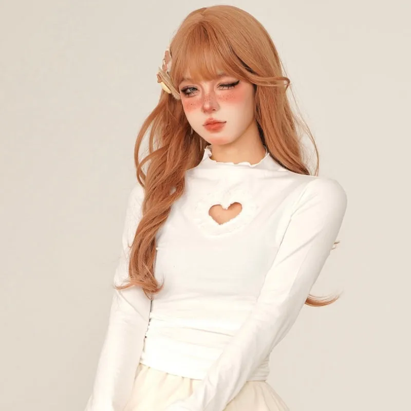Sweet Style All-match Lace Hollow Heart Long-Sleeved Top