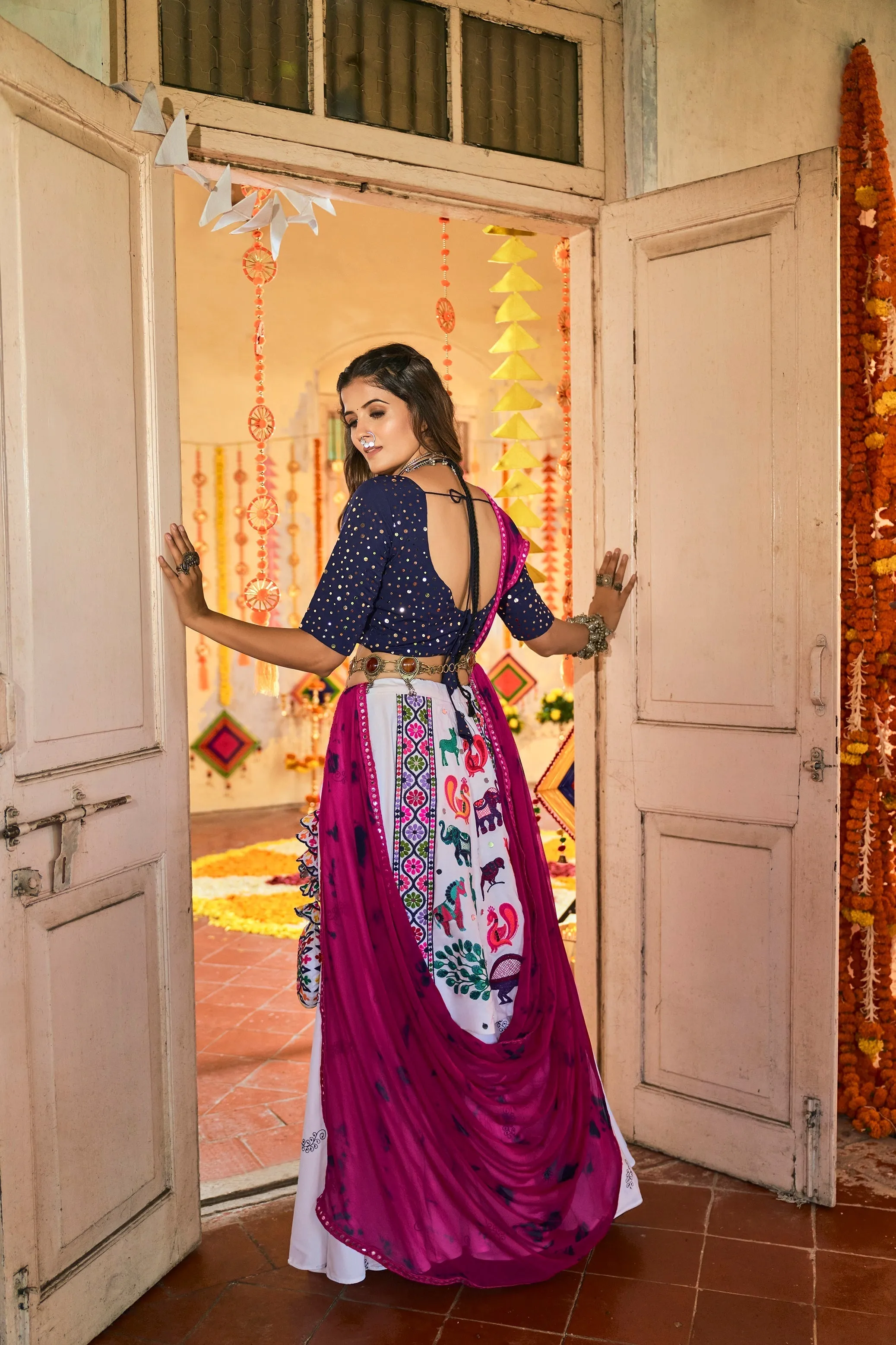 Traditional Wear White With Navy Blue Color Navratri Special Lehenga Choli