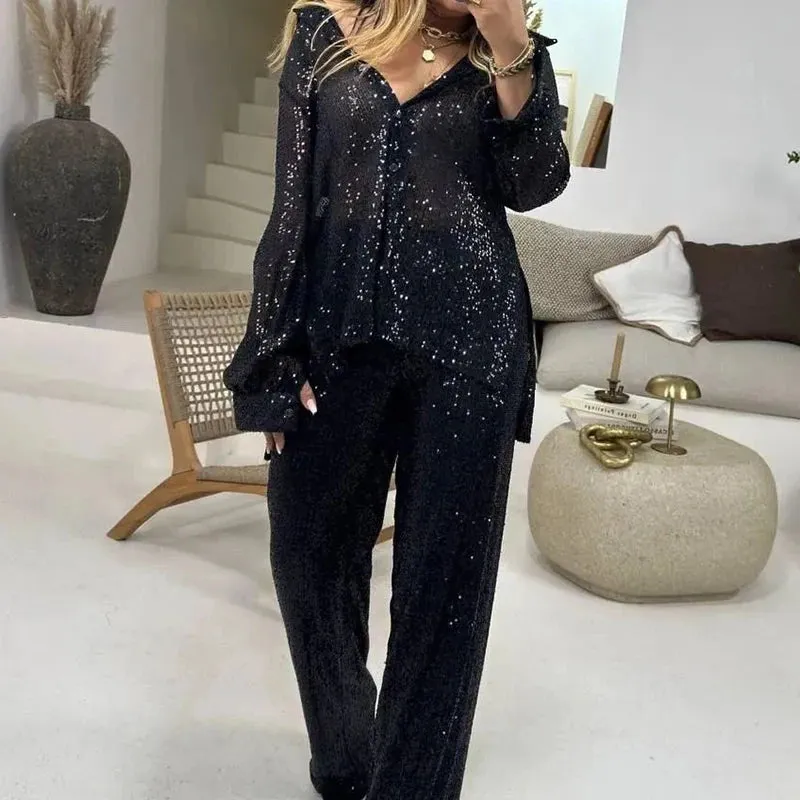 UAKISS  -  Casual Women Lapel Button Shirt and Pants Suits New Fashion Sequin Loose Party Outfits Spring Summer Long Sleeved Two Piece Sets