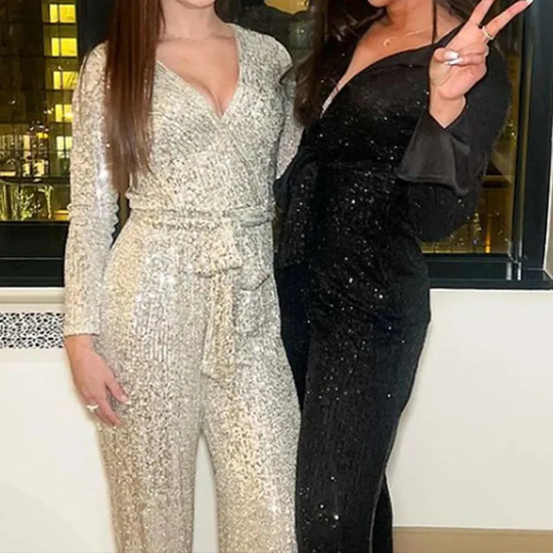 UAKISS  -  Casual Women Lapel Button Shirt and Pants Suits New Fashion Sequin Loose Party Outfits Spring Summer Long Sleeved Two Piece Sets