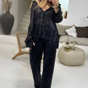 UAKISS  -  Casual Women Lapel Button Shirt and Pants Suits New Fashion Sequin Loose Party Outfits Spring Summer Long Sleeved Two Piece Sets