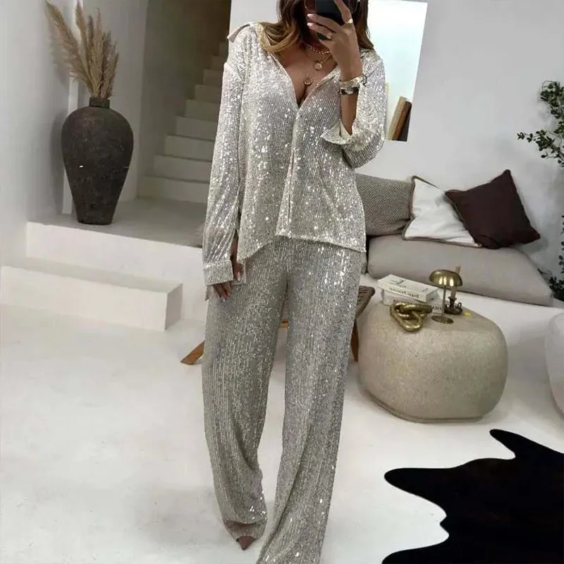 UAKISS  -  Casual Women Lapel Button Shirt and Pants Suits New Fashion Sequin Loose Party Outfits Spring Summer Long Sleeved Two Piece Sets