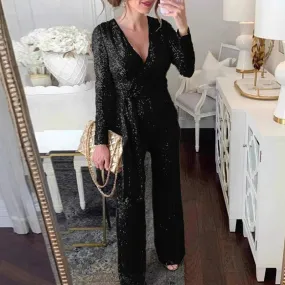 UAKISS  -  New Fashion Long Sleeved Lace Up Playsuit 2024 Casual Solid Straight Party Jumpsuit Sexy Ladies V Neck Shiny Sequin Slim Romper