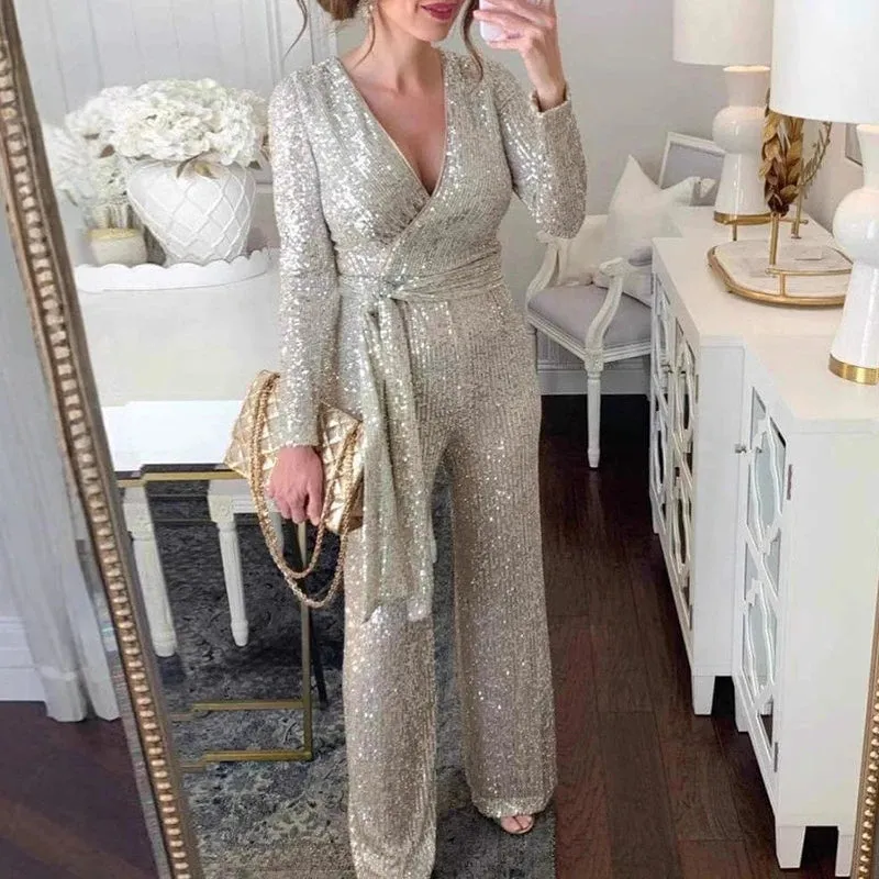 UAKISS  -  New Fashion Long Sleeved Lace Up Playsuit 2024 Casual Solid Straight Party Jumpsuit Sexy Ladies V Neck Shiny Sequin Slim Romper