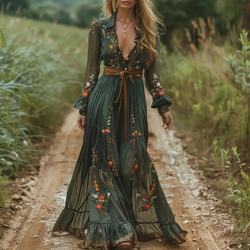 UAKISS  -  Vintage Pattern Printed High Waist Robe Dress Casual Women V-neck Pleated Bohemian Dress 2024 Autumn Long Sleeved Pleated Dress