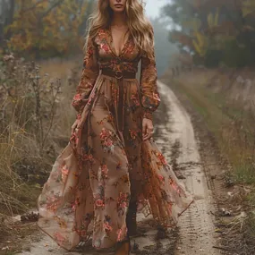 UAKISS  -  Vintage Pattern Printed High Waist Robe Dress Casual Women V-neck Pleated Bohemian Dress 2024 Autumn Long Sleeved Pleated Dress