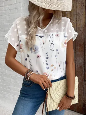 V-neck Printed Lace Patchwork Short Sleeved Top