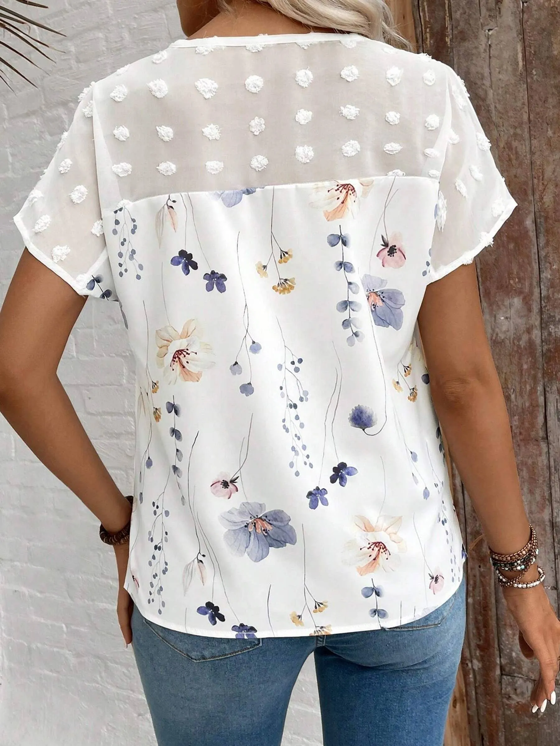 V-neck Printed Lace Patchwork Short Sleeved Top