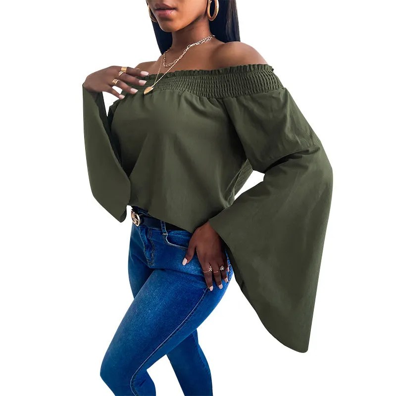 Women's loose long-sleeved solid color strapless top T-shirt