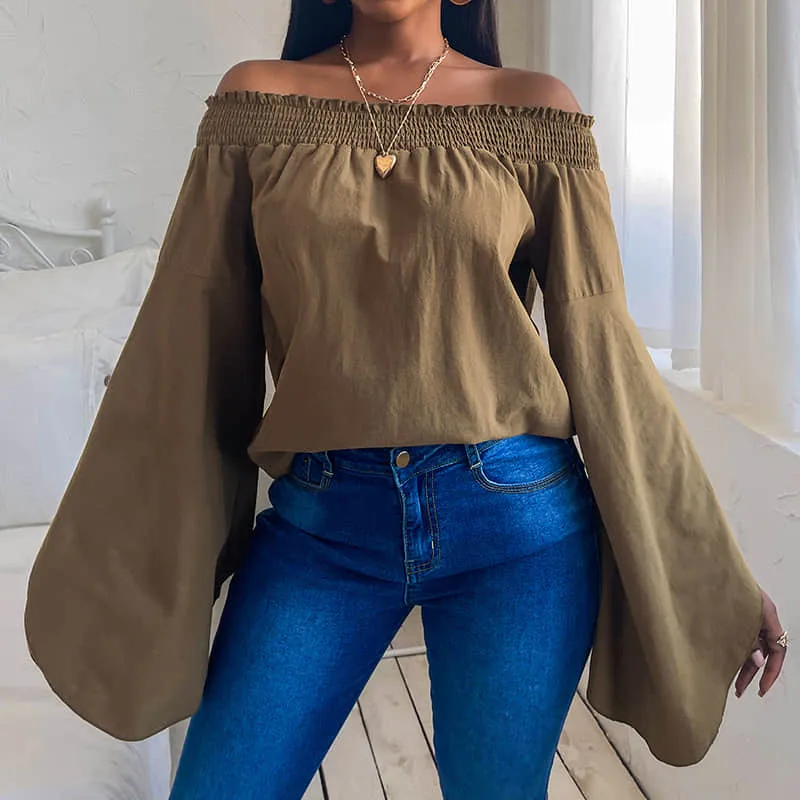 Women's loose long-sleeved solid color strapless top T-shirt