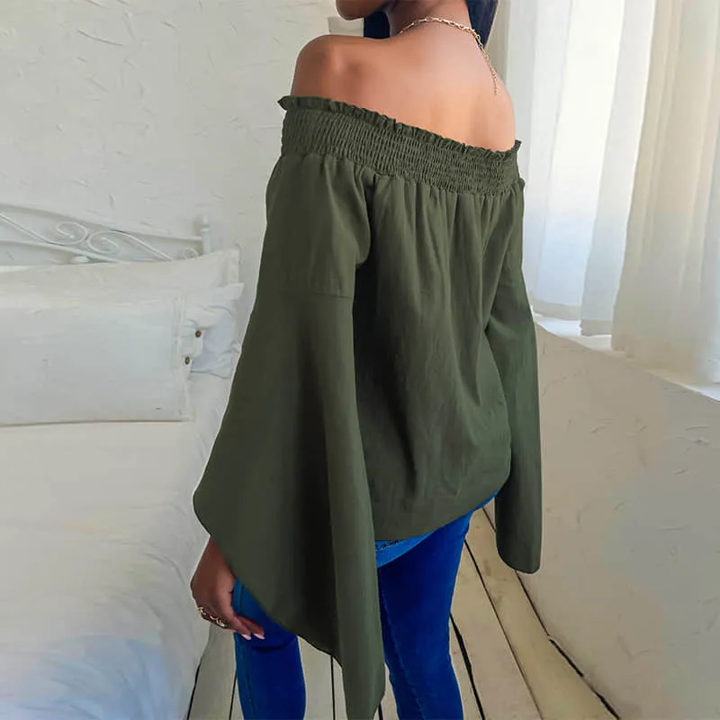 Women's loose long-sleeved solid color strapless top T-shirt