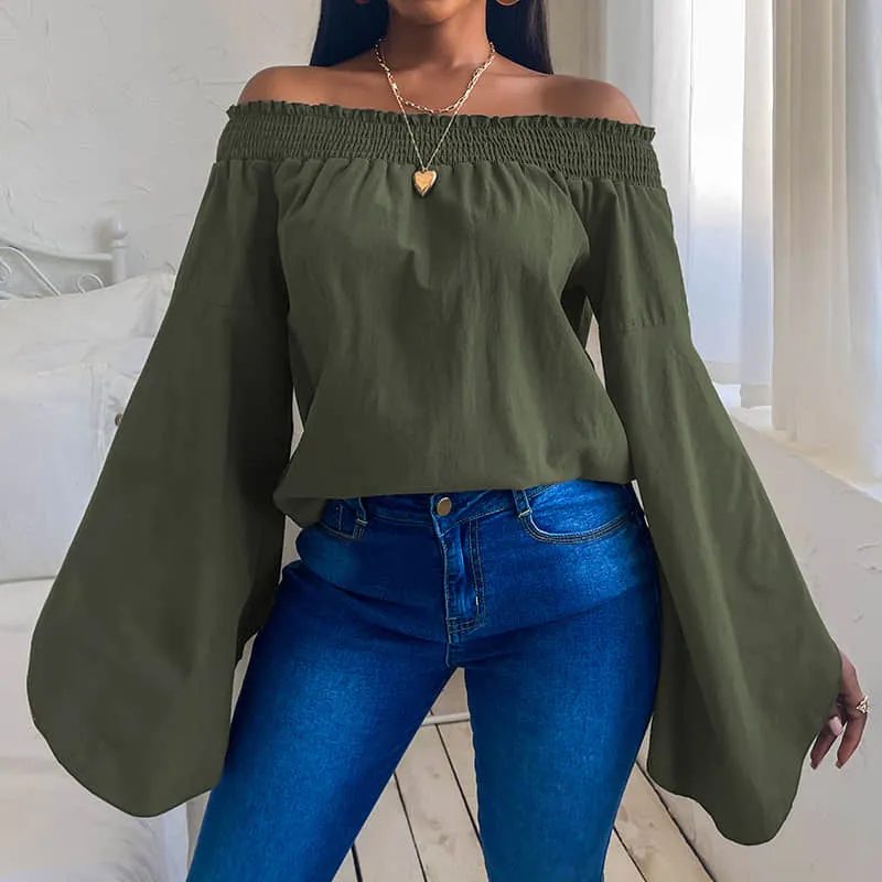 Women's loose long-sleeved solid color strapless top T-shirt