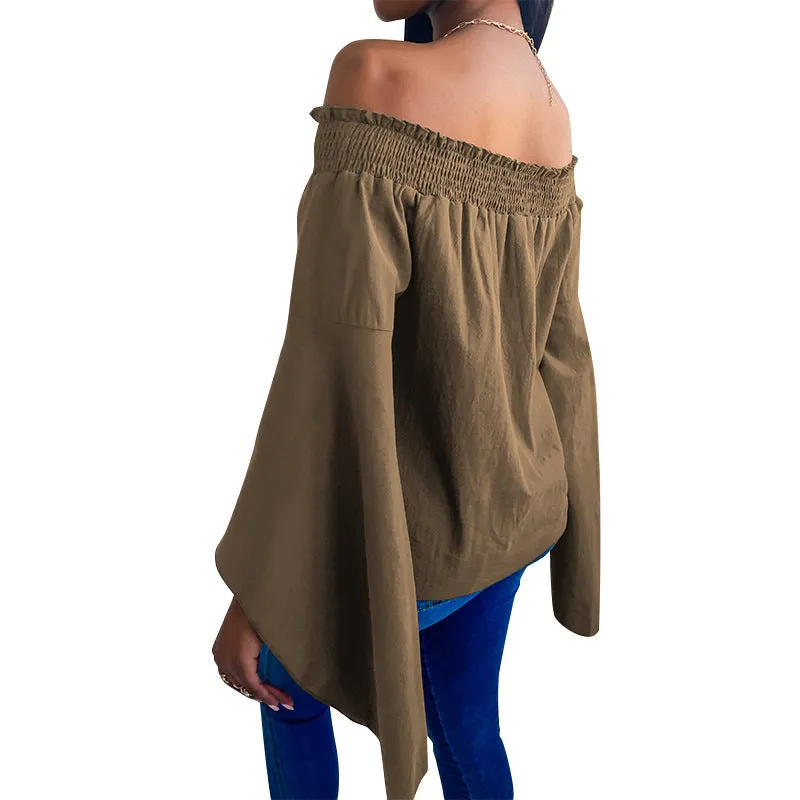 Women's loose long-sleeved solid color strapless top T-shirt