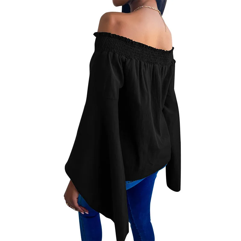 Women's loose long-sleeved solid color strapless top T-shirt