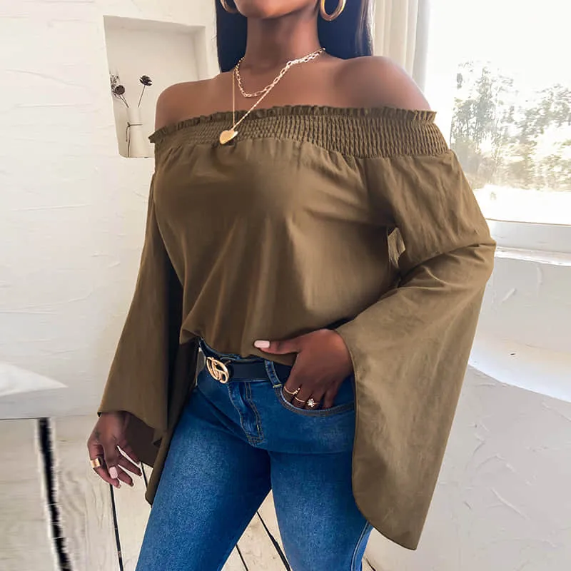 Women's loose long-sleeved solid color strapless top T-shirt