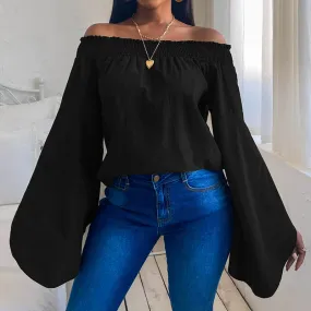 Women's loose long-sleeved solid color strapless top T-shirt